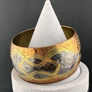 Vintage Chunky Bangle Bracelet Hammered Multi Tone Metal 9"